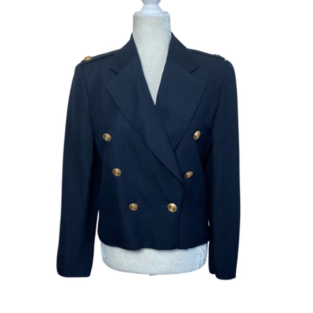 Vintage Collectible Gold Double Breasted Navy Blue Linen Blend Cropped Jacket 4